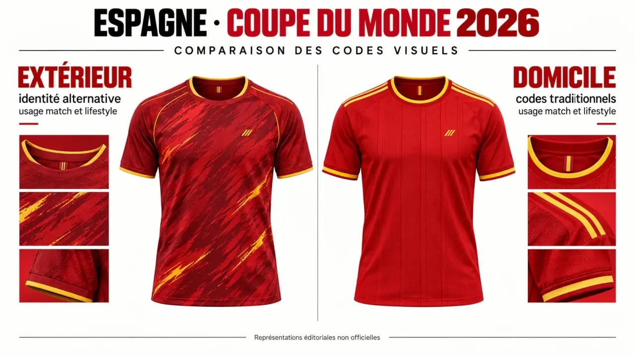 Infographie comparative du maillot Espagne Coupe du Monde 2026 extérieur et du maillot domicile