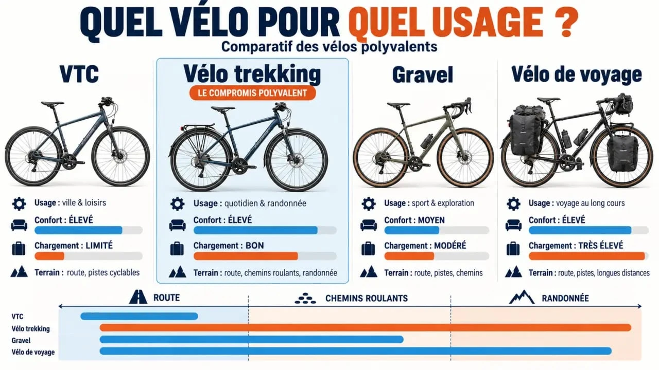 Comparaison visuelle d'un vélo trekking avec un VTC, un gravel et un vélo de voyage