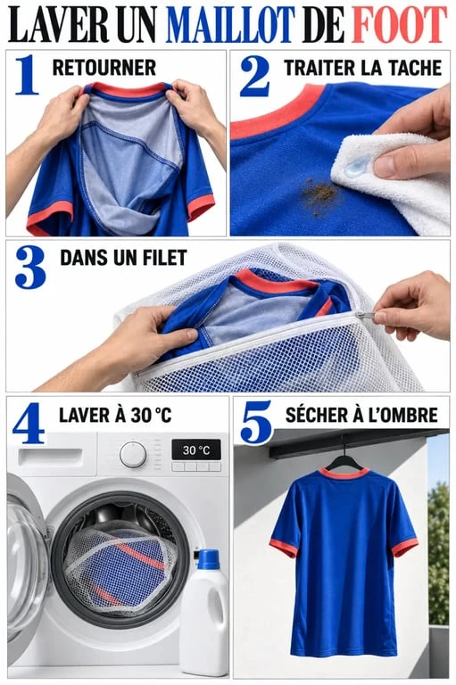Étapes du lavage maillot de foot, du retournement au séchage à l’air libre