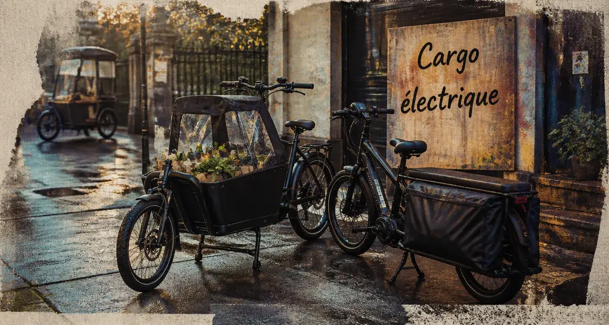 Vélo cargo électrique urbain sur trottoir, courses et matériel