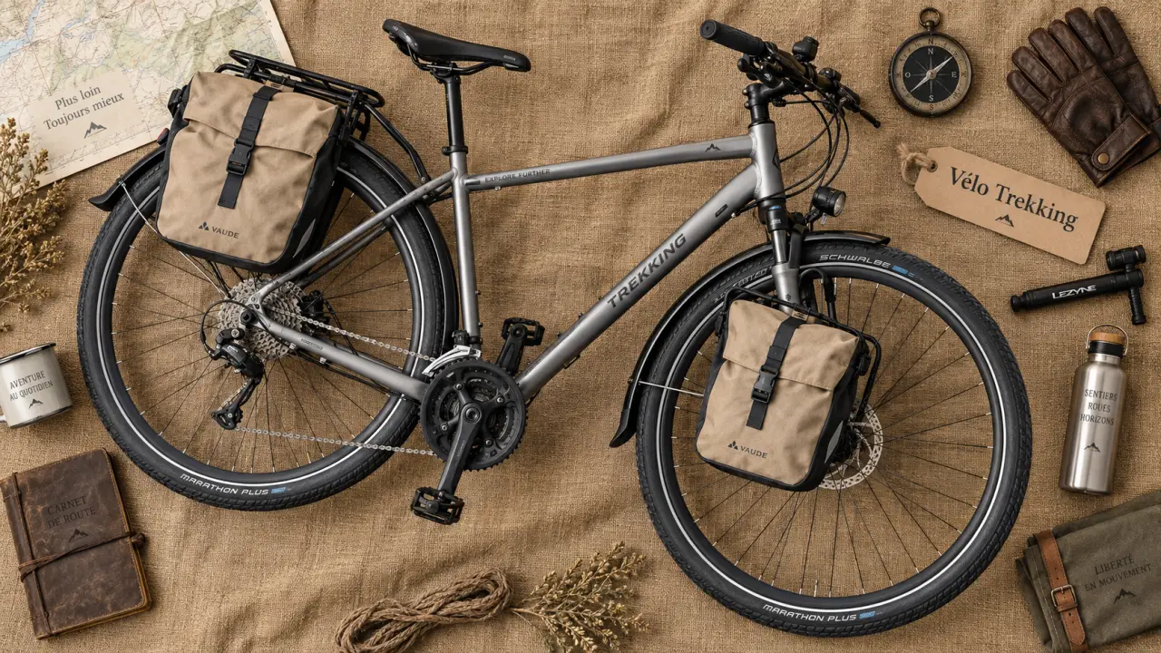 Velo trekking : vélo chargé avec sacoches et confort