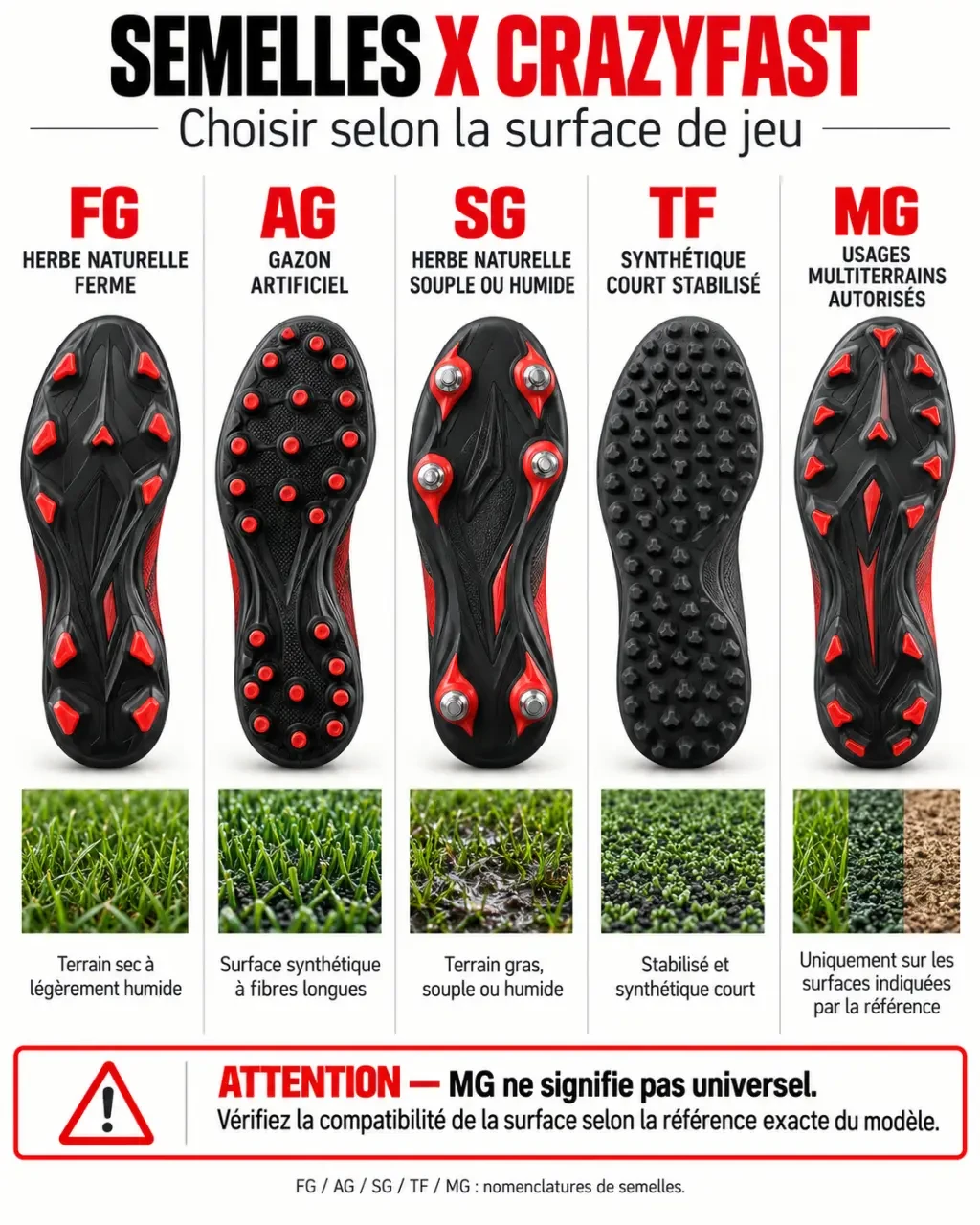 Infographie des semelles adidas X Crazyfast FG AG SG TF et MG selon les surfaces de football