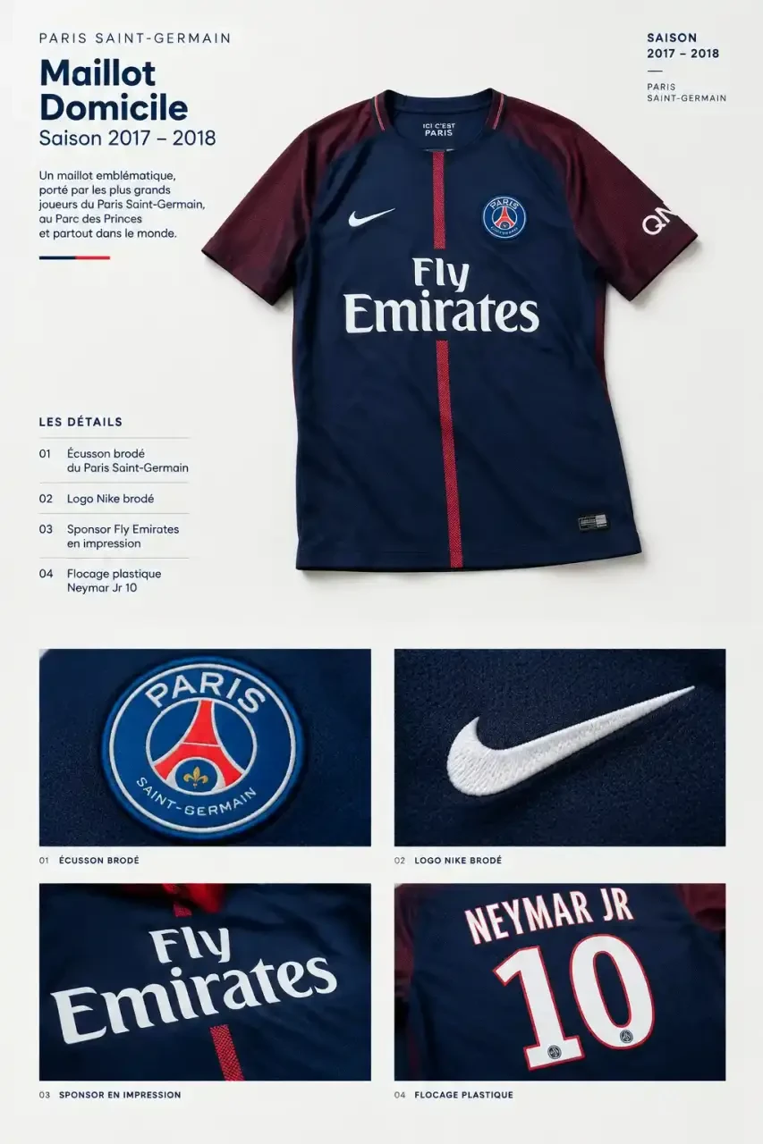 Maillot PSG 2017-2018 Nike avec flocage Neymar JR 10, détail de l'écusson, du logo et du flocage plastique
