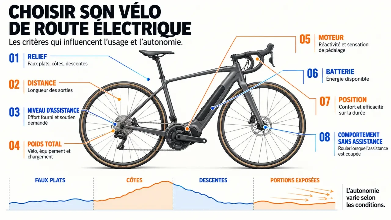 Infographie sur le choix d’un vélo de route électrique selon le parcours, l’autonomie, le poids et l’assistance