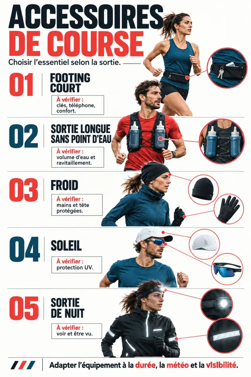Infographie des accessoires de course à pied selon la météo, la durée et la situation de course
