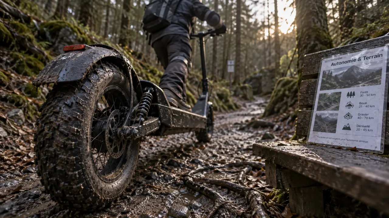 Meilleure trottinette électrique tout terrain sur sentier boue gravier, pneus FAT 20×4