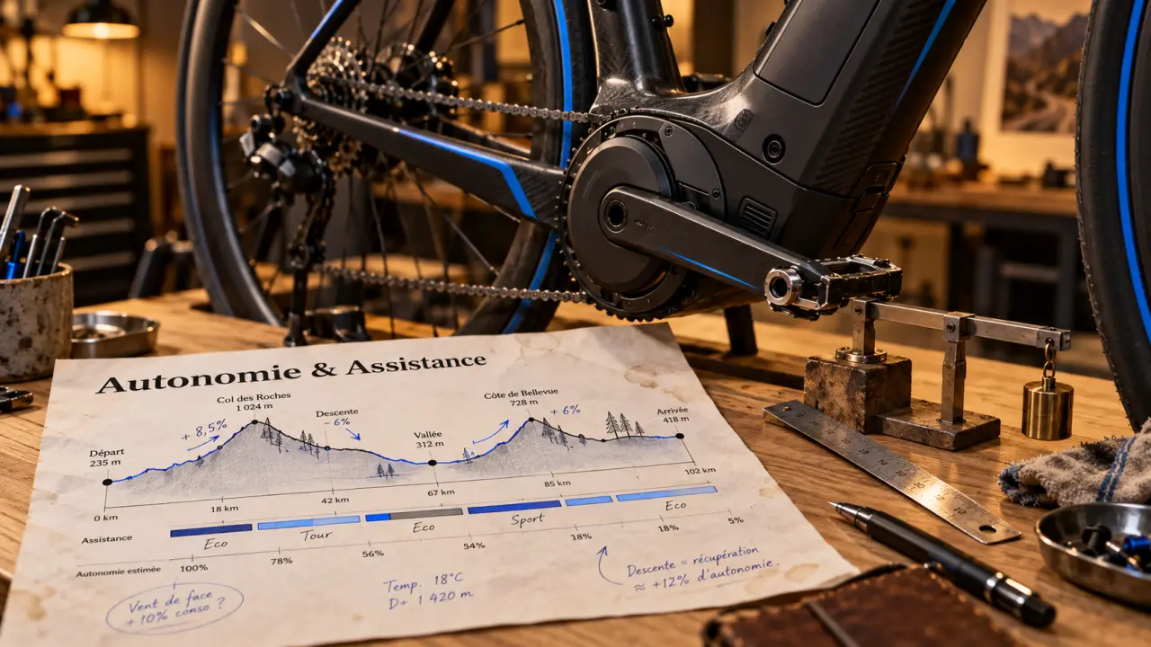Vélo de route électrique sur table : autonomie et assistance, schéma et matériel.